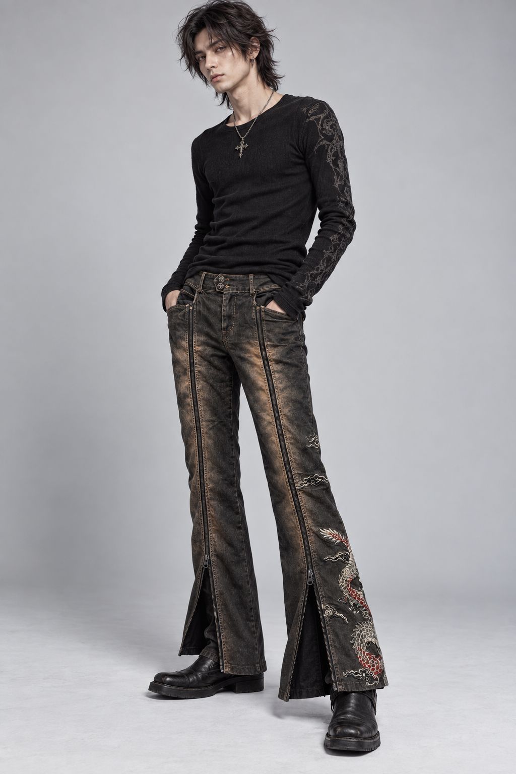 00s ozz on archive フレアデニム 刺繍 ジップ グランジ Ozz On hikozoh Dragon Embroidered Black Denim Flare Pants Double