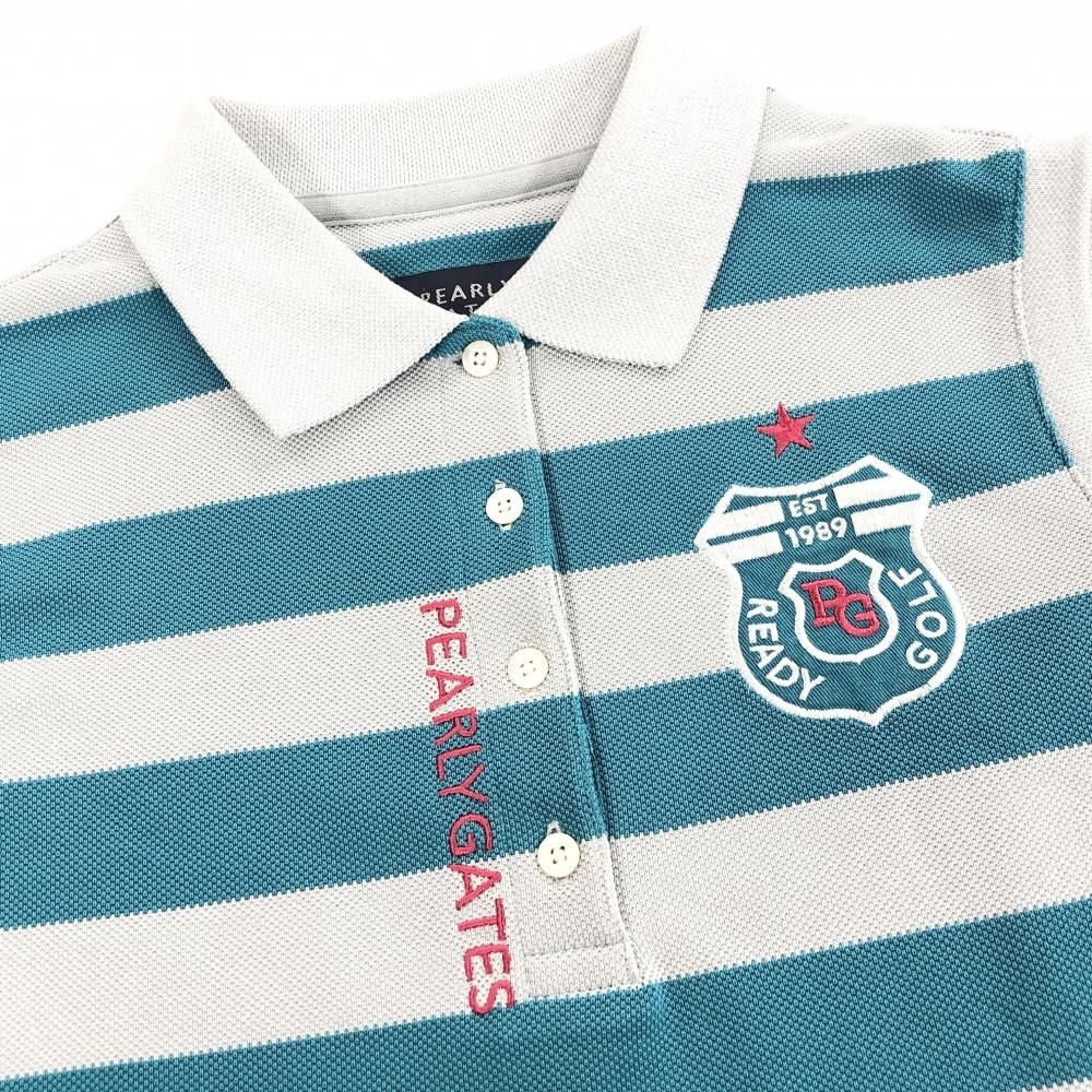 美品】パーリーゲイツ ノースリーブポロシャツ ライトグレー×ブルー系