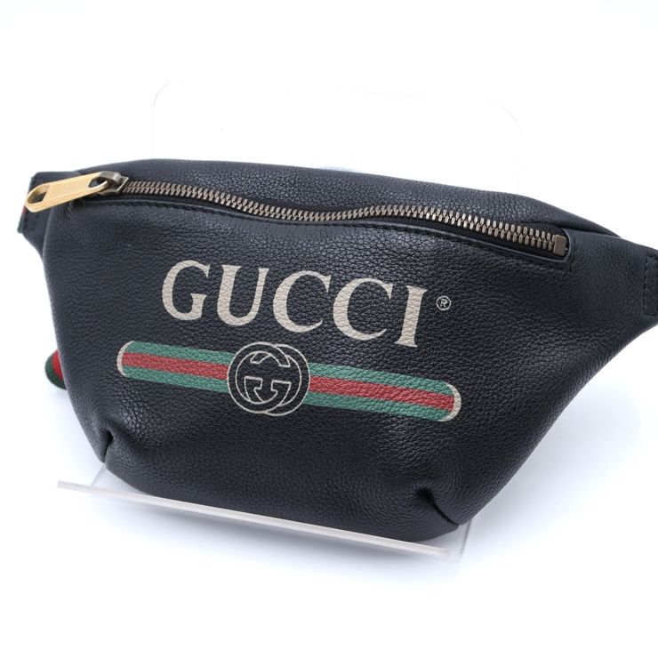 GUCCI（グッチ）ロゴプリント スモールベルトバッグ ボディバッグ ウエストバッグ ブラック レザー シェリーライン 527792【中古】