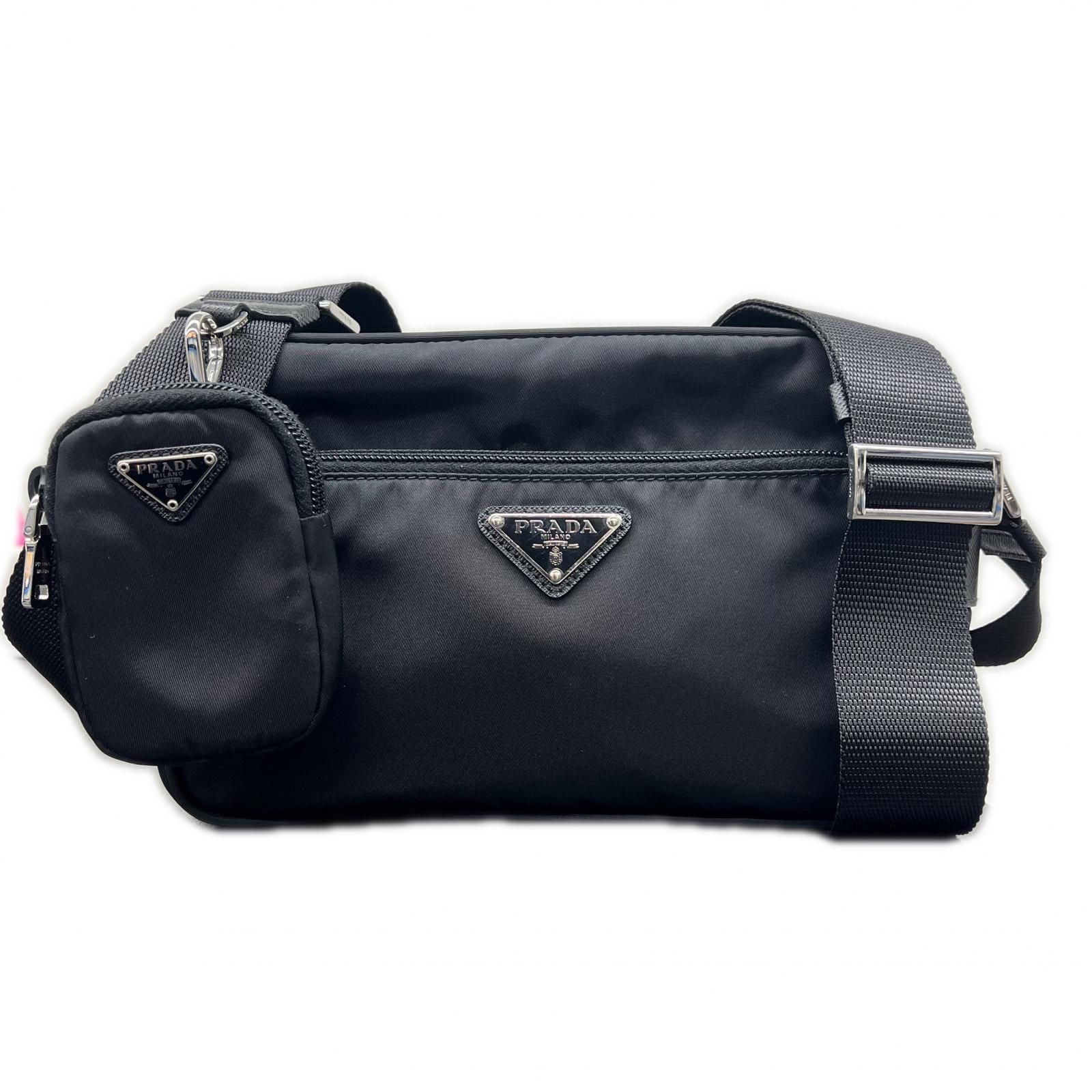 PRADA 極美品 プラダ Re-Nylon サフィアーノレザー リナイロン ショルダーバッグ 1BC167 RFID確認済 ナイロン レザー トライアングルロゴ 三角プレート ロゴプレート ポシェット Aランク 鑑定済 中古