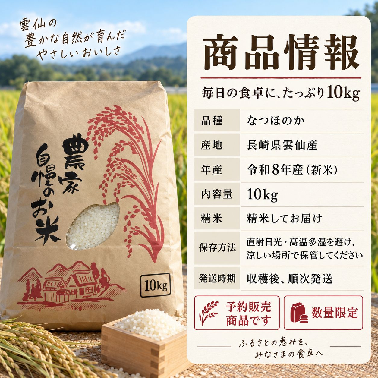 予約販売】長崎県雲仙産 なつほのか 白米 10kg - メルカリ