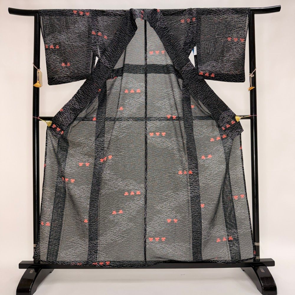小紋 夏 絽 夏用 洗える着物 裄64.8cm 身丈162cm 花柄 お洒落着 普段着
