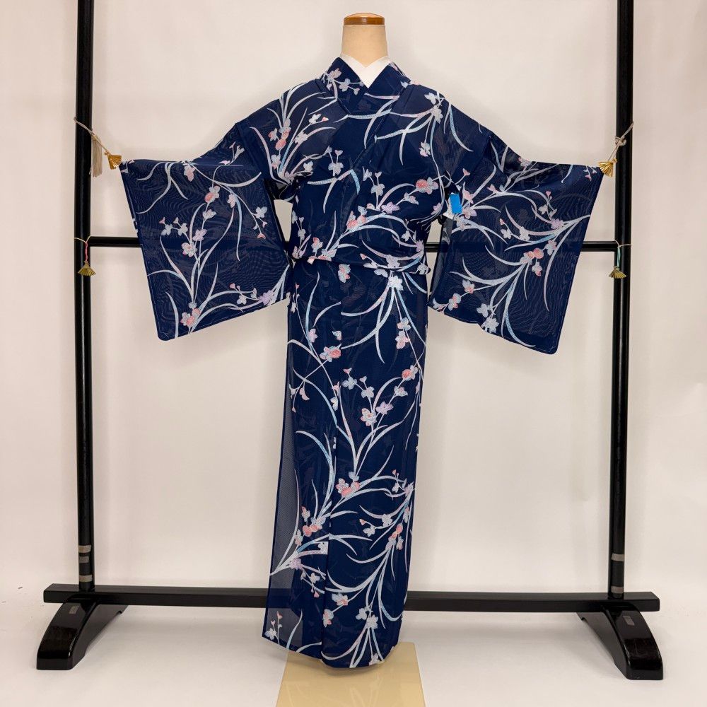 小紋 夏 絽 夏用 洗える着物 裄64.8cm 身丈157cm 花柄 お洒落着 普段着