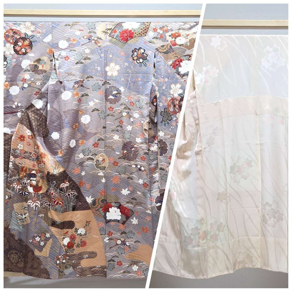 C5◇着物くつろぎ 振袖・襦袢セット 作家物 扇面に花模様 金彩 金駒