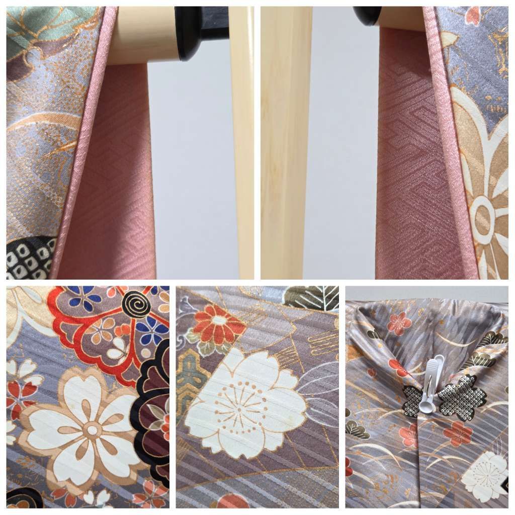 C5◇着物くつろぎ 振袖・襦袢セット 作家物 扇面に花模様 金彩 金駒