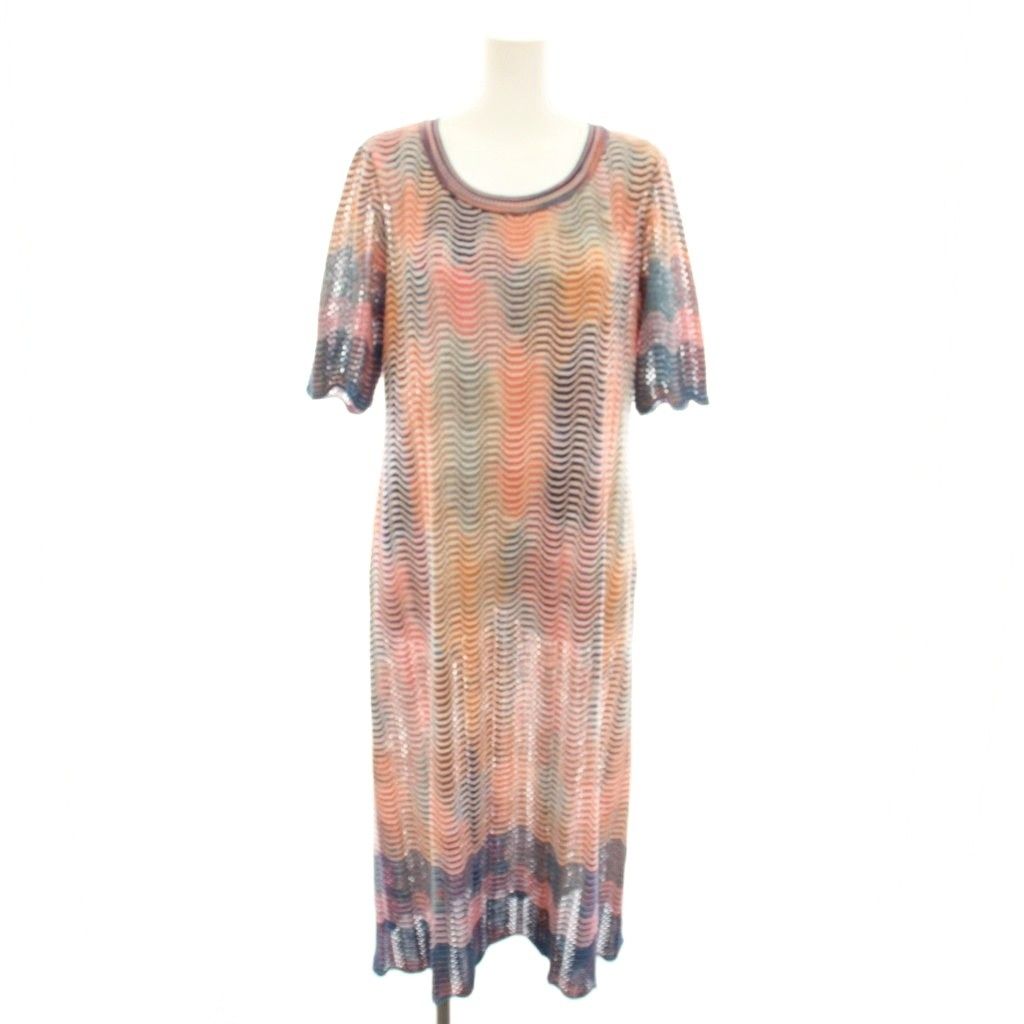 ミッソーニ MISSONI サマーニットワンピース ロング 半袖 スカラップ袖 総柄 麻 リネン混 48 ピンク 青 ブルー /YT