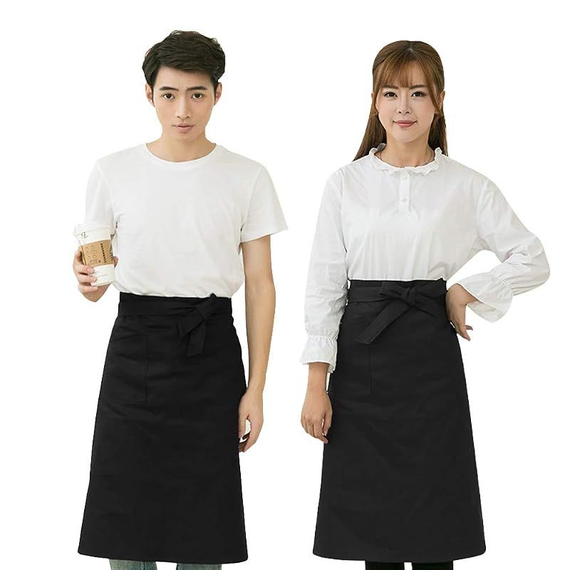 [Brand New] [Autuki] Unisex Plain Middle Apron Simple Waist Wrap Sommelier Apron Set Restaurant Kitchen Chef Cafe Izakaya Supermarket Opening Work Black C1