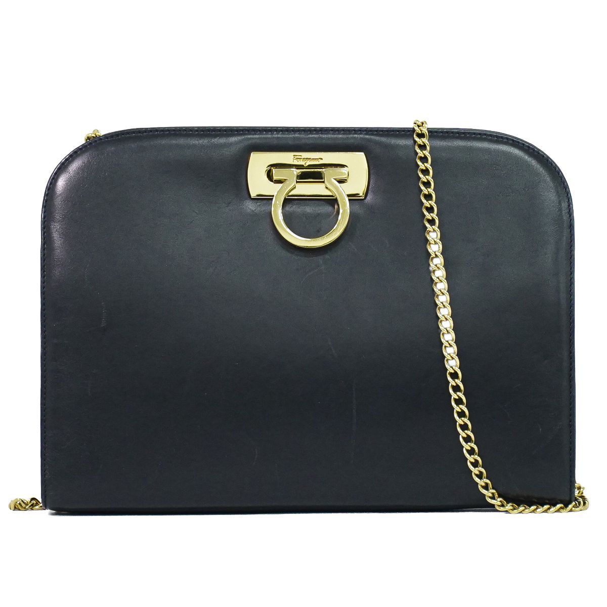 本物 サルヴァトーレ フェラガモ Salvatore Ferragamo ガンチーニ 2WAY チェーン ショルダーバッグ クラッチバッグ ポシェット レザー ネイビー Gancini バッグ 中古・