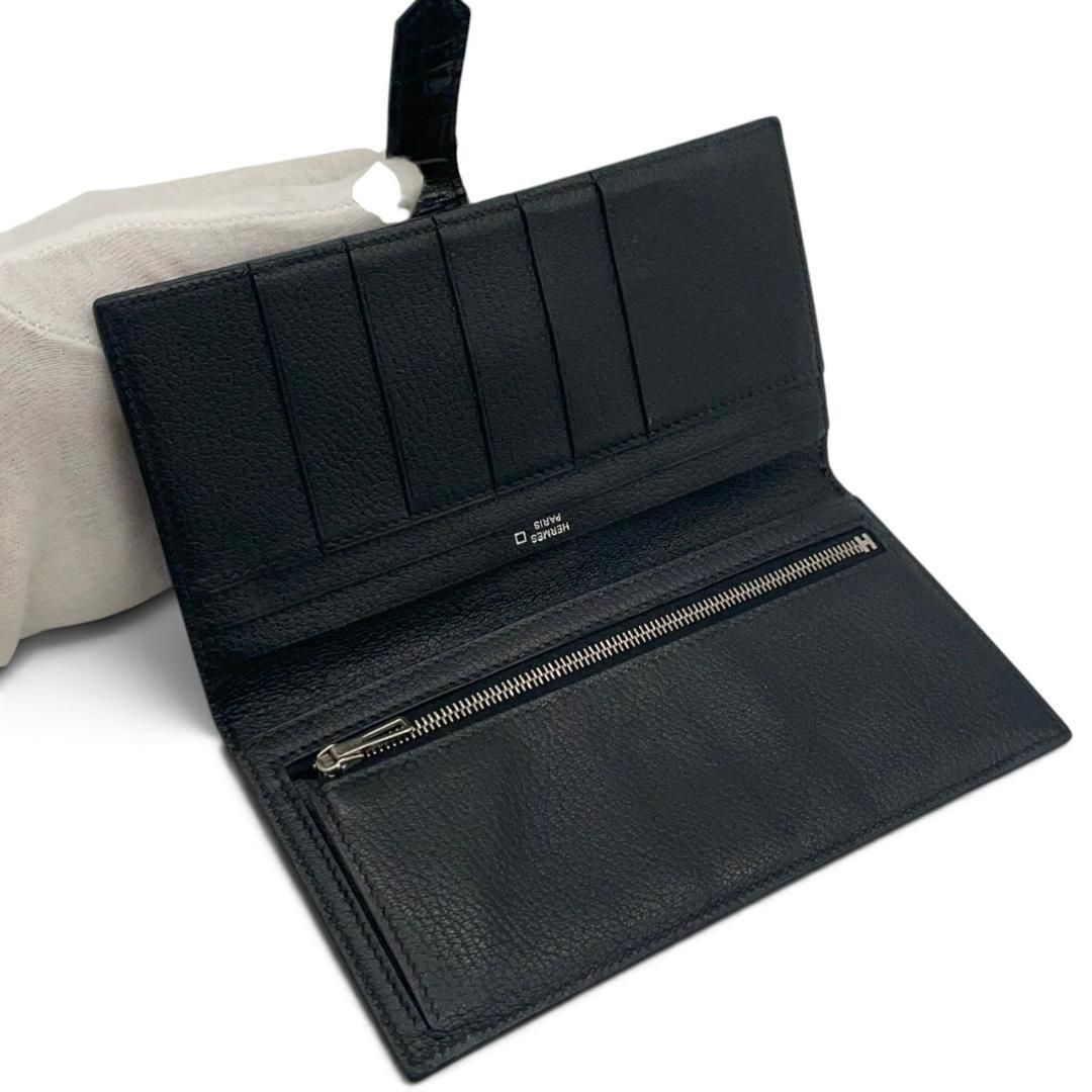 エルメスHERMES べアン　アリゲーター HERMES】エルメス ベアン アリゲーター 二つ折り長財布 ブラック