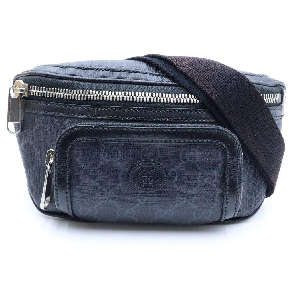 GUCCI (グッチ) GGスプリーム ボディバッグ PVC×レザー ブラック 682933