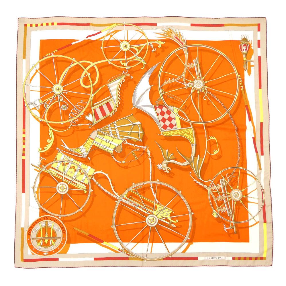 【名古屋】エルメス カレジェアン 140 精巧な馬車 カシミヤ シルク ブラン／オレンジ／ジョーヌ カシシル ストール 小物 53,724円