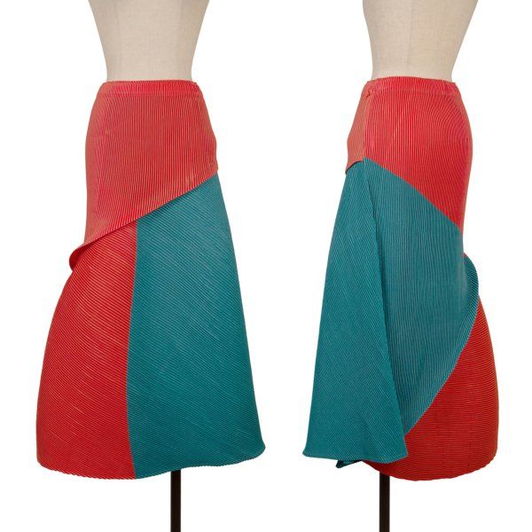 イッセイミヤケISSEY MIYAKE バイカラー切替リッジプリーツスカート ターコイズオレンジ2