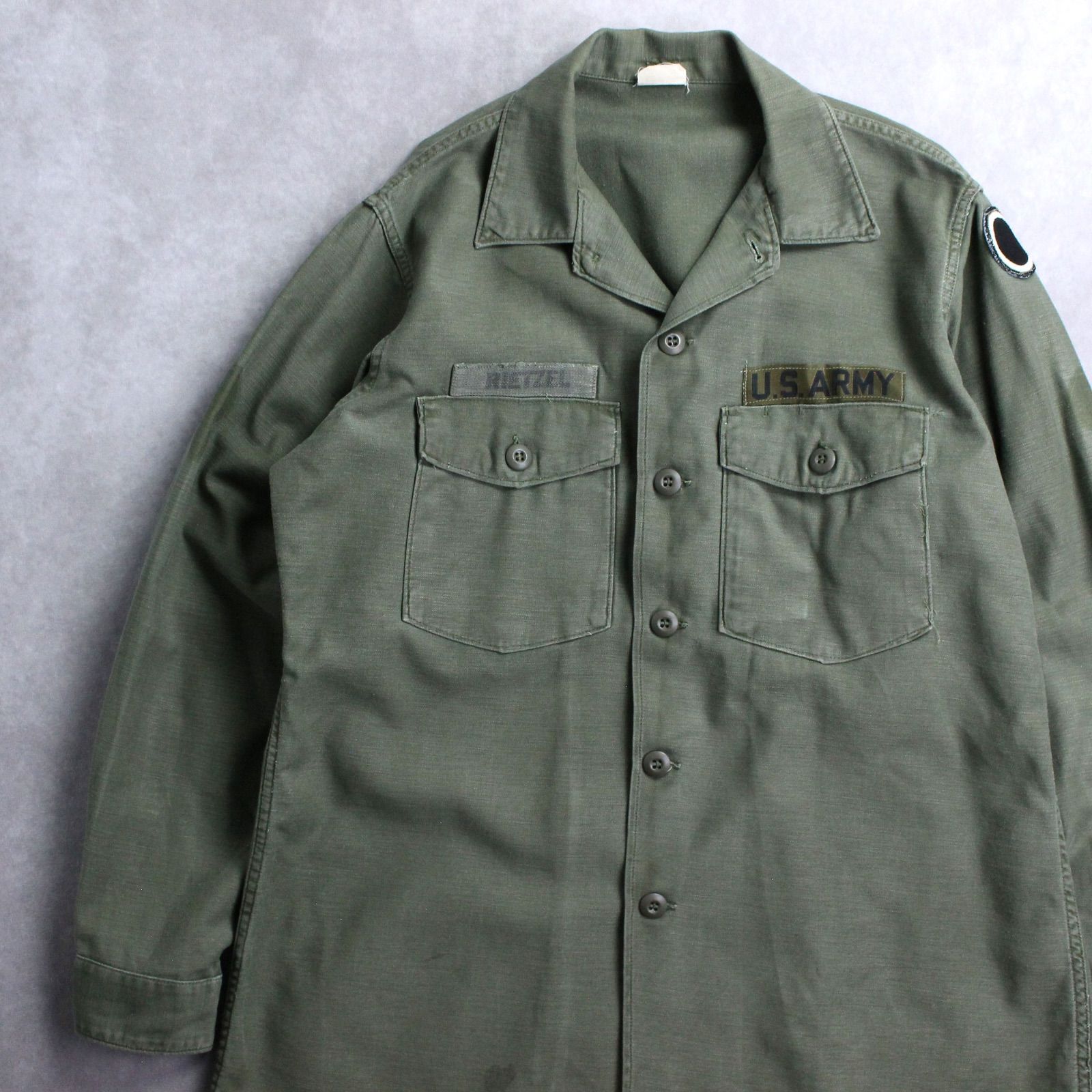 60s 米軍 U.S.ARMY ワッペン付き L位 ユーティリティシャツ ジャケット コットンサテン OG-107 16.5x34 ミリタリージャケット ビンテージ