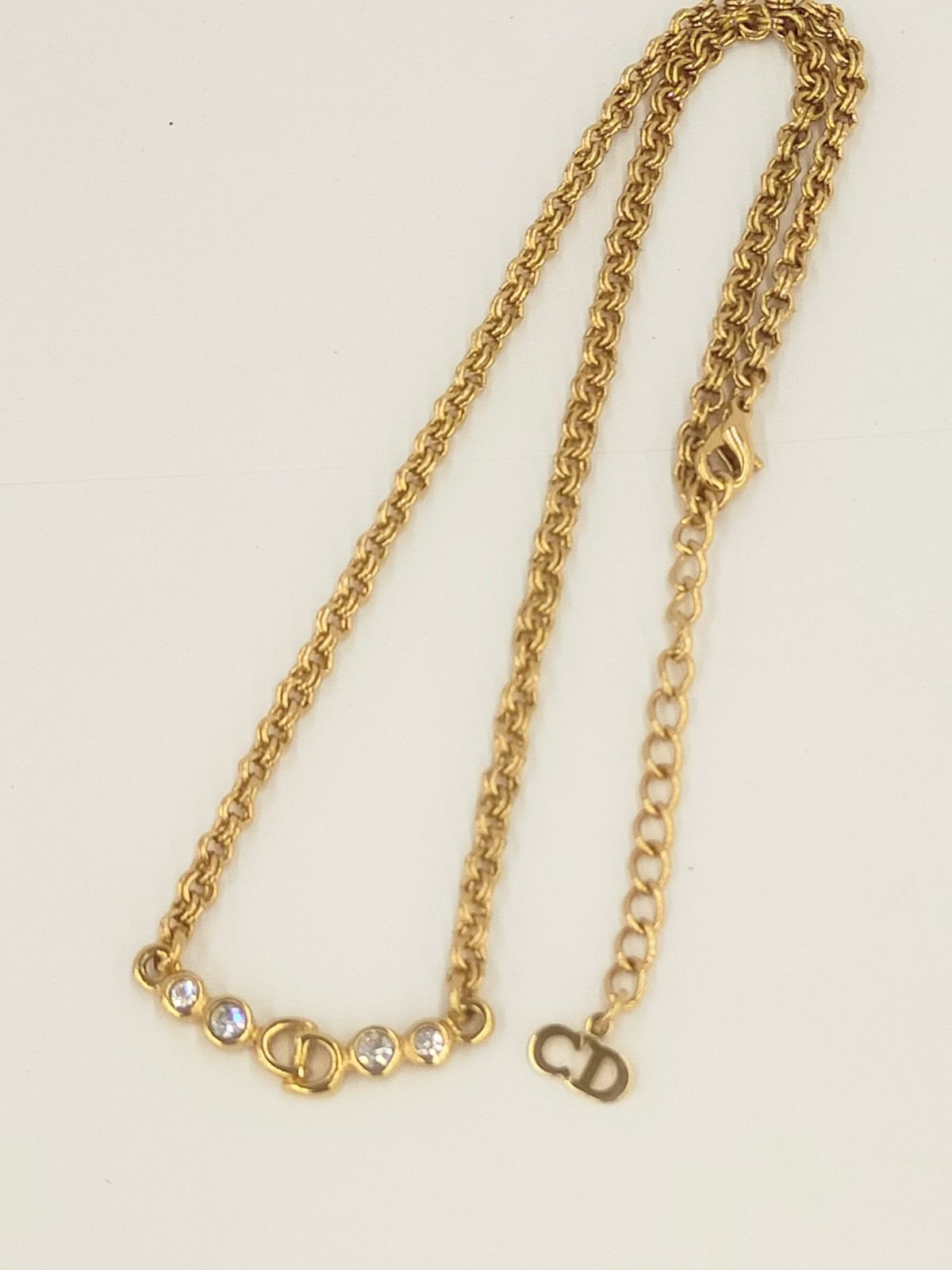 クリスチャン・ディオール/Christian Dior　　ゴールドカラー　ロゴ＆ラインストーン チョーカーネックレス　ビンテージ　箱付き　中古品
