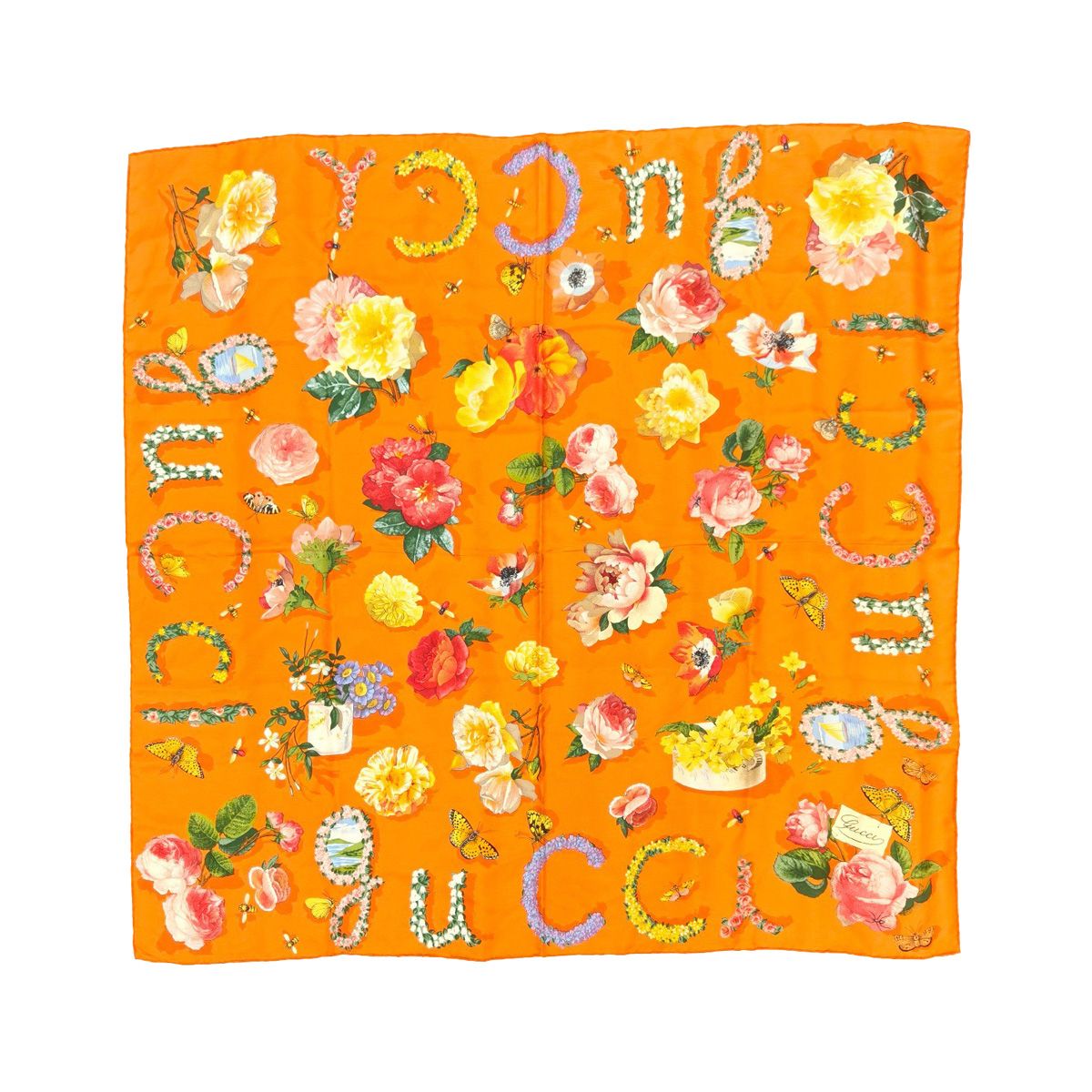 GUCCI 花柄 シルク混紡 スカーフ Gucci 花柄 カラフル シルク100％ スカーフ 橙 マルチカラー 約85×85cm