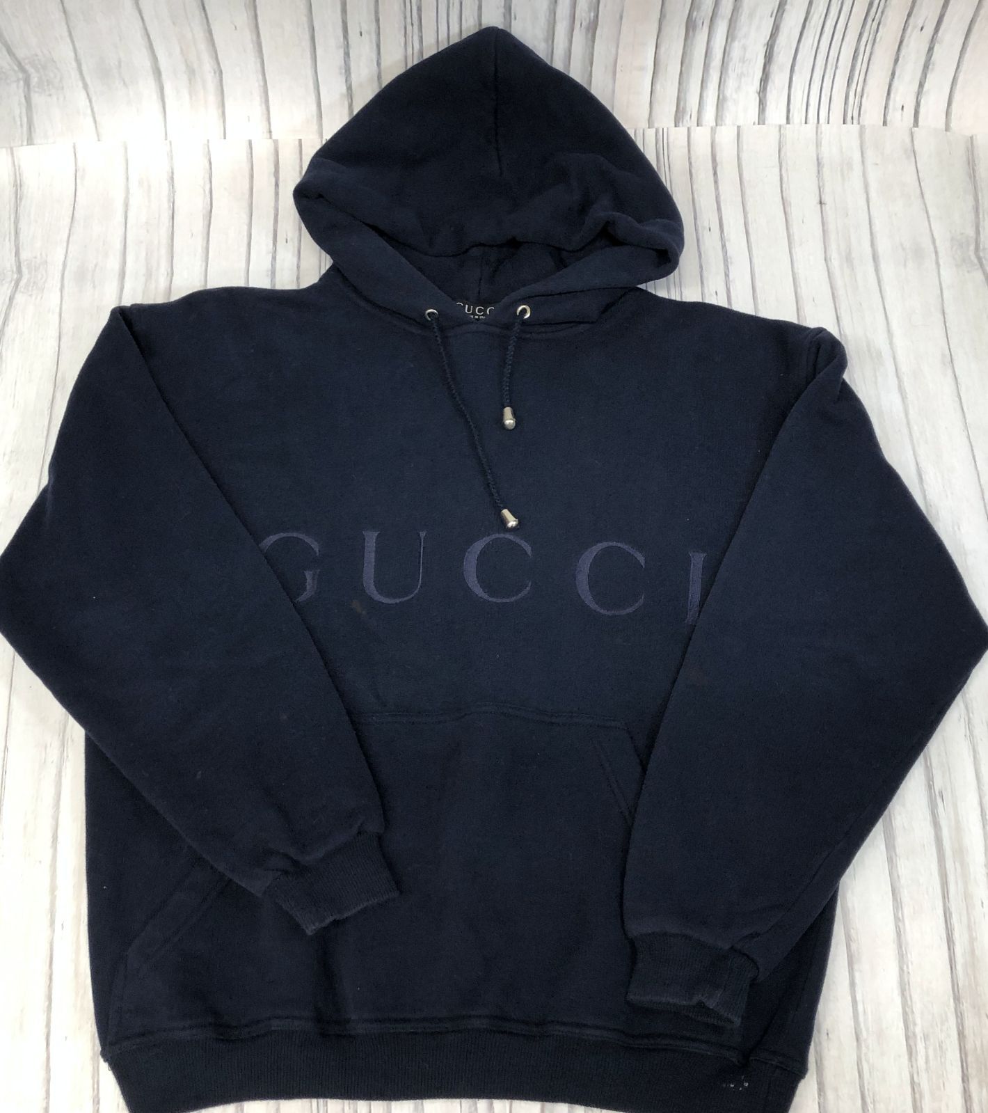 m001 X(80) グッチ GUCCIロゴ フーディ プルオーバー パーカー ネイビー Sサイズ(2) コットン イタリア製 Logo Hoodie メンズ