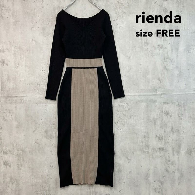 美品 リエンダ 2way リブニットロングワンピ タイト スリット 黒 M rienda リエンダ F 2WAYバイカラータイトknit ワンピース ロング