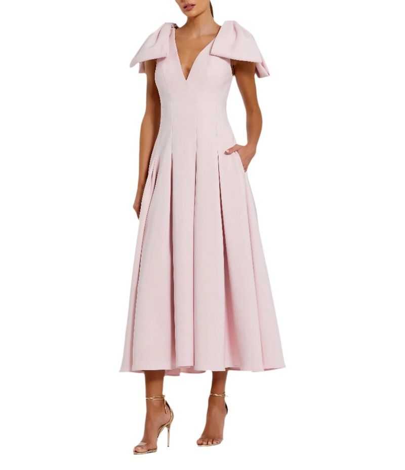マックダガル レディース トップス ワンピース Vネック クレープ A ライン プリーツ Mac Duggal Double VNeck Bow Shoulder Crepe Pleated ALin