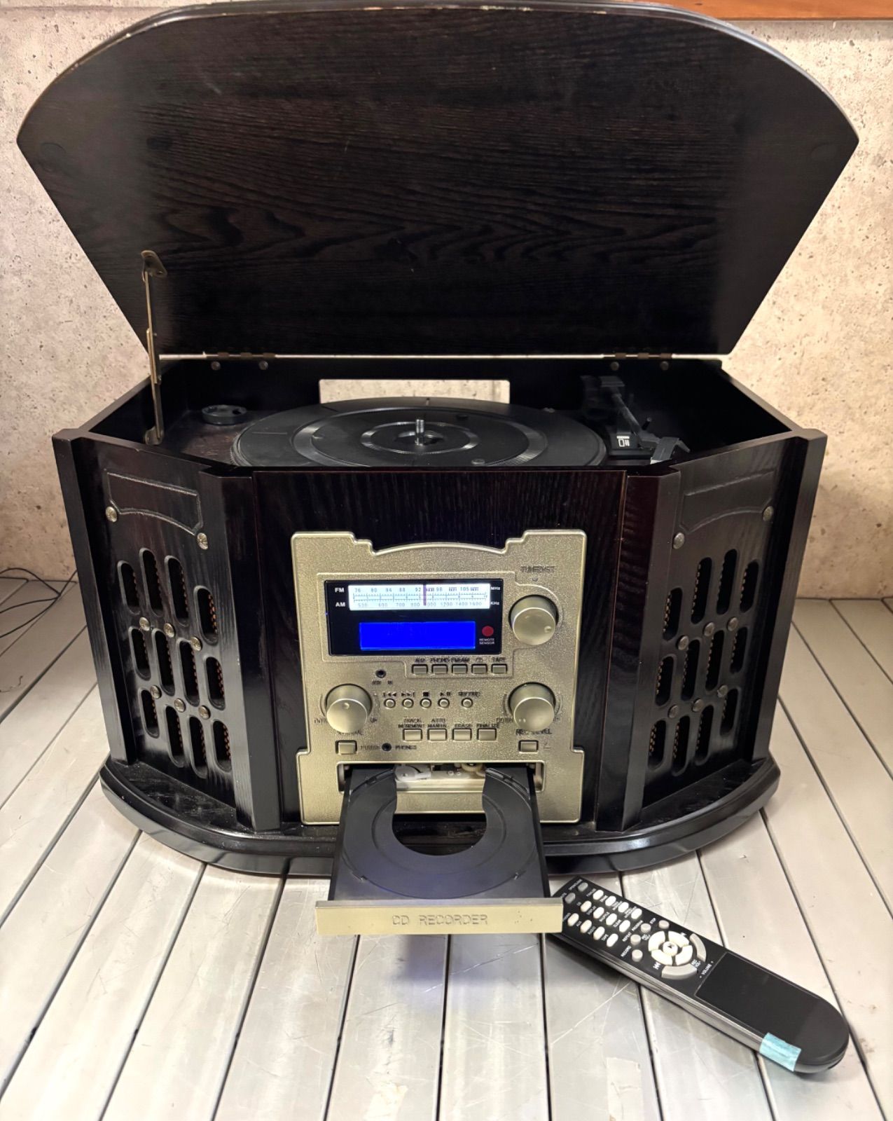 앤티크 레코드 플레이어 CD 레코더 - 카세트 AM/FM 라디오 통합 스피커 내장 우드 그레인 레트로 디자인 럭셔리 녹음 기능 오디오 장치 E1199 현재 상태 [무료 배송]