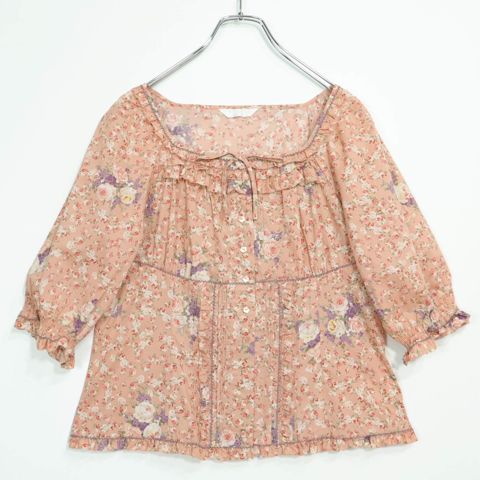 【美品】ピンクハウス★薔薇pt&段々フリル♪スクエアネックブラウス サーモンピンク系 前開き z22913 9,750円