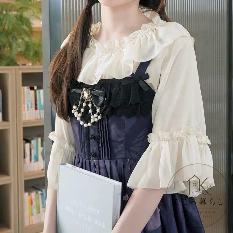 [신제품] 레트로 걸리 쉬폰 프릴 쉬어 블라우스 여성용 한국 패션 블라우스 러플 쉬폰 하프 렝스 로리타 포레스트 걸 퍼프 슬리브 귀여운 B0425
