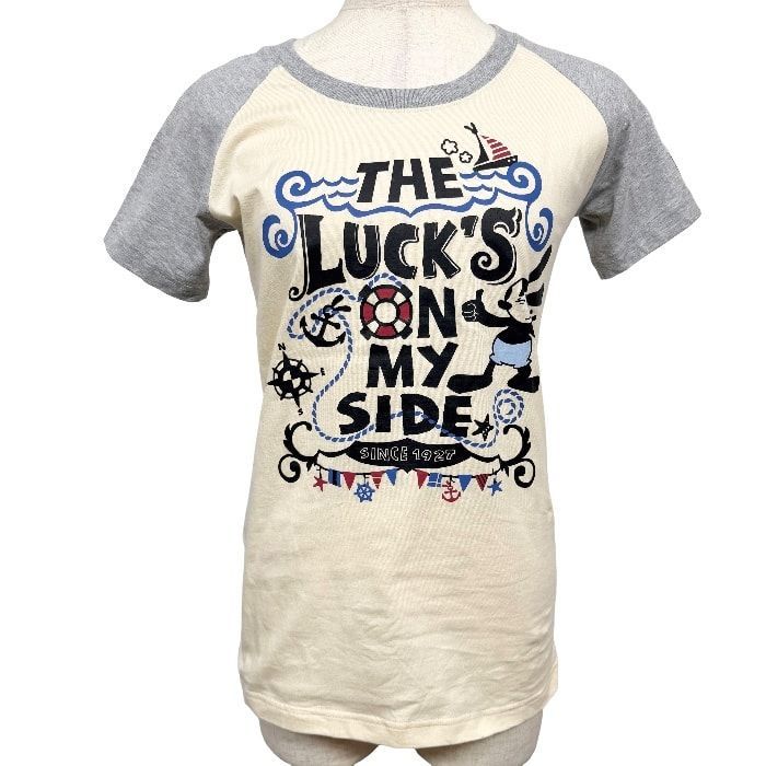 【中古】[印象AB] TOKYO DISNEY RESORT 東京ディズニーリゾート ラグランスリーブTシャツ レディース M ベージュ ベージュ×杢灰×紺×赤×黒 綿100% キャラクター柄 半袖 中国製 古着 オズワルド・ザ・ラッキー・ラビット