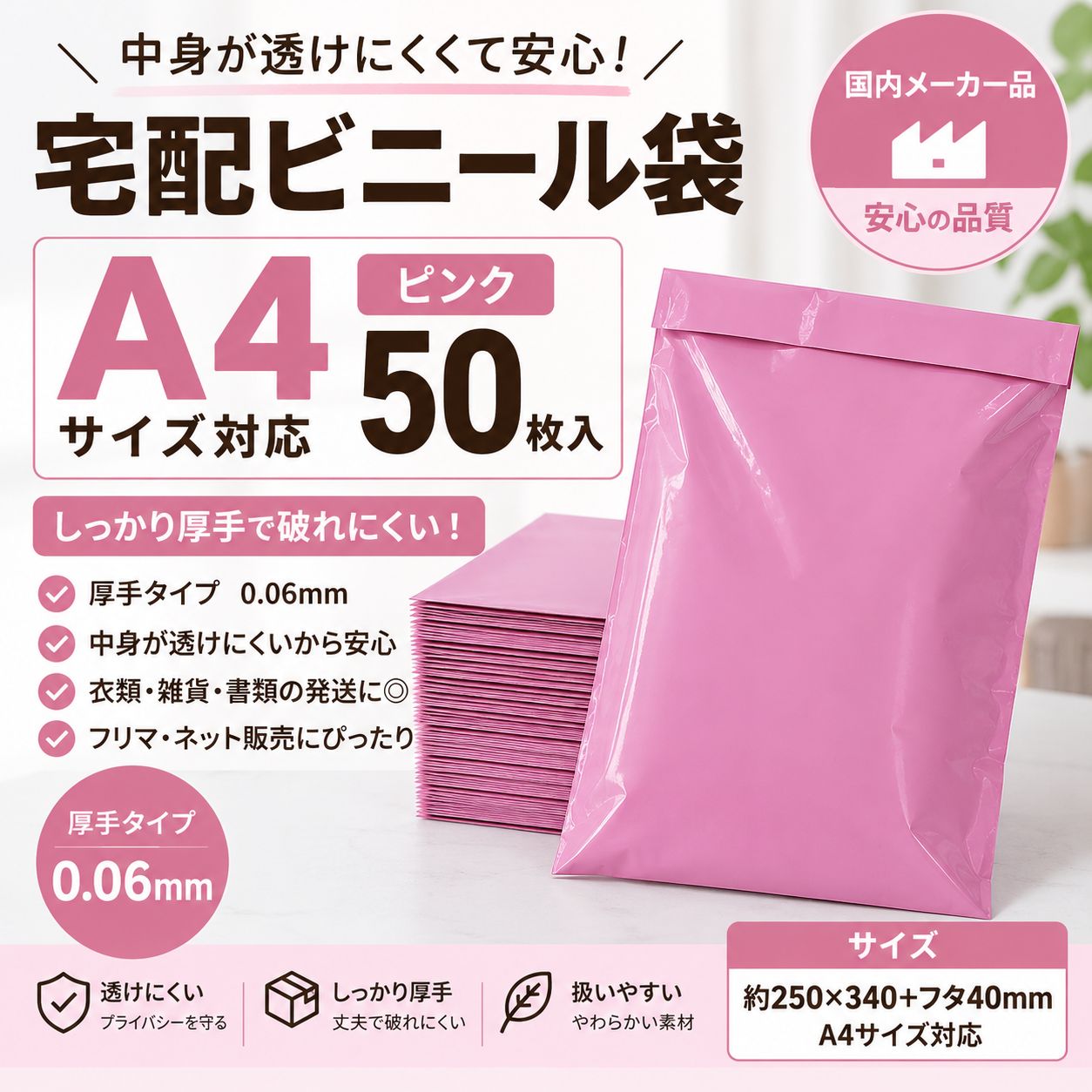 A4 宅配ビニール袋 50枚透けない 二重袋 厚手 梱包袋 テープ付