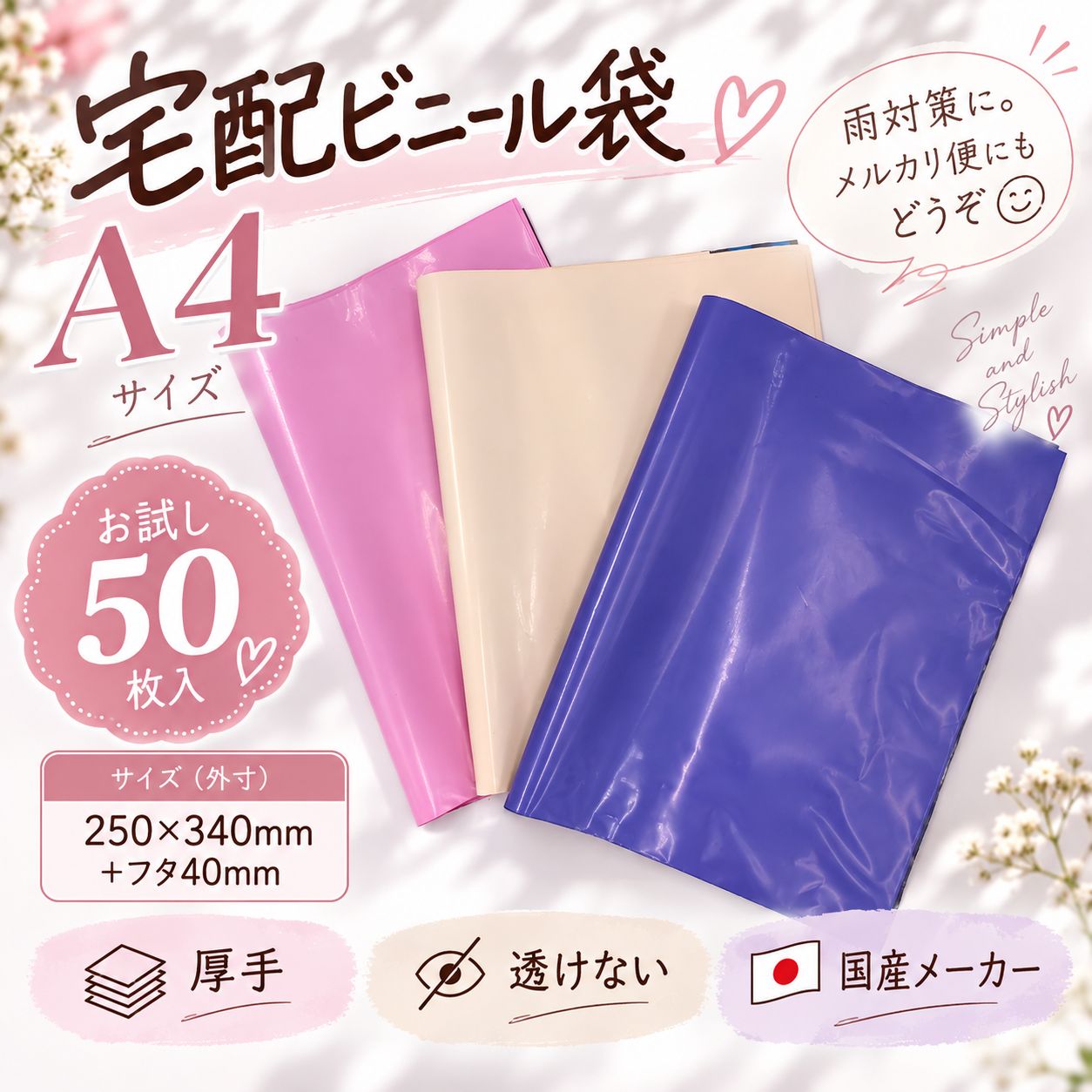 A4 宅配ビニール袋 50枚】透けない 二重袋 厚手 梱包袋 テープ付