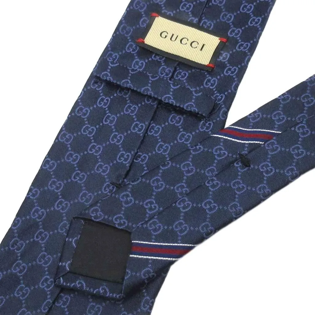 グッチ GUCCI GG ジャガード ネクタイ シルク 紺 ネイビー ☆AA☆(やや