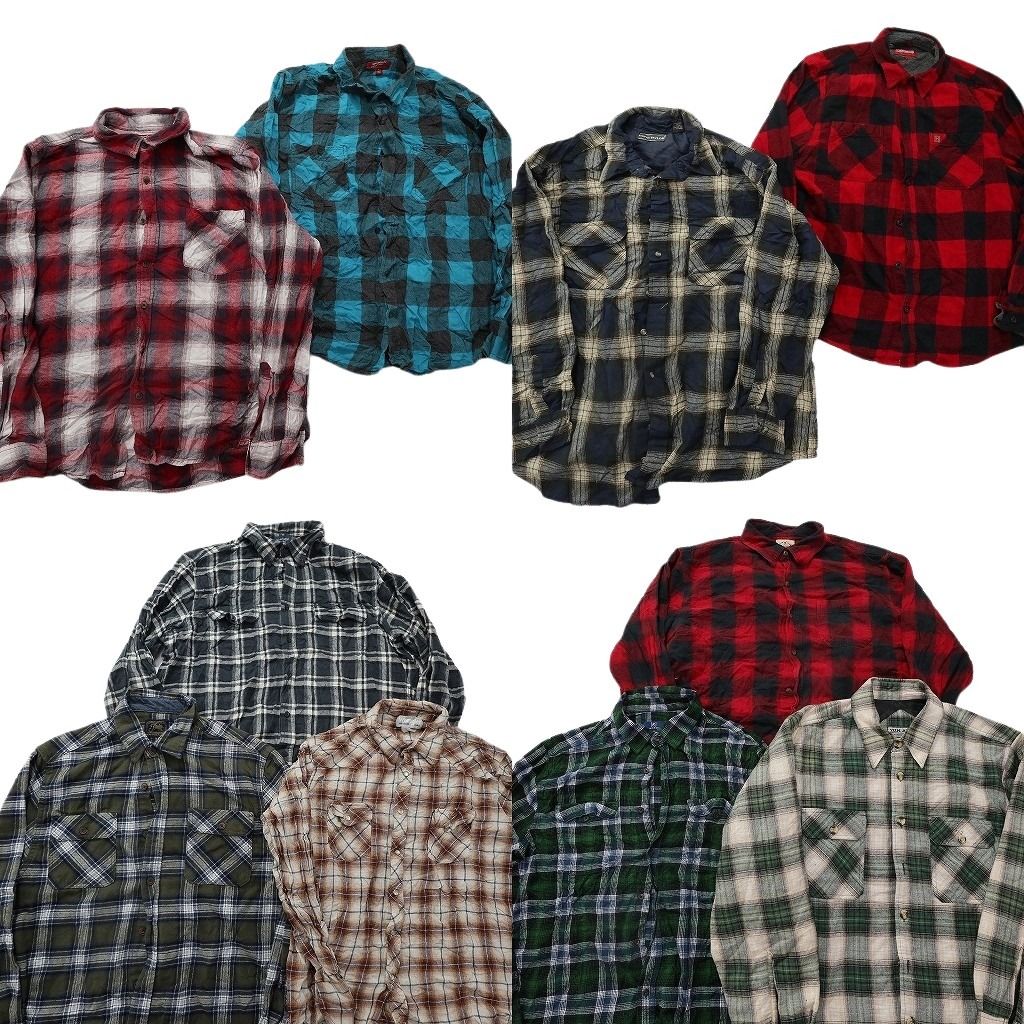 古着卸 まとめ売り フランネル ネルシャツ 長袖シャツ 10枚セット ( メンズ XL ) ブロック ダブルフラップ ウエスタン 中古 古着 NG8835