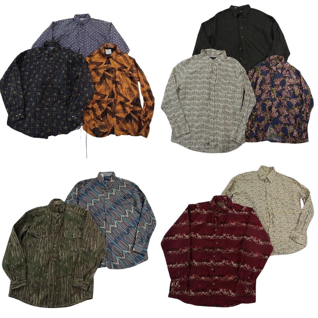 古着卸 まとめ売り 総柄 柄シャツ 長袖シャツ 10枚セット ( メンズ Ｌ ) カモ柄 中古 古着 NG8851