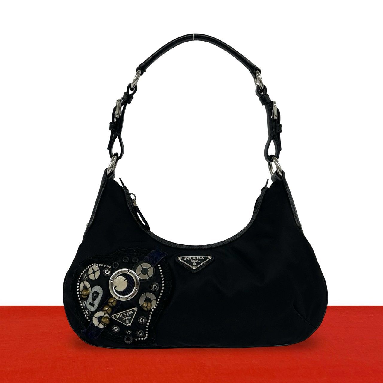 美品✨PRADA ナイロン×レザー ショルダーバッグ 三角ロゴ ブラック 極 