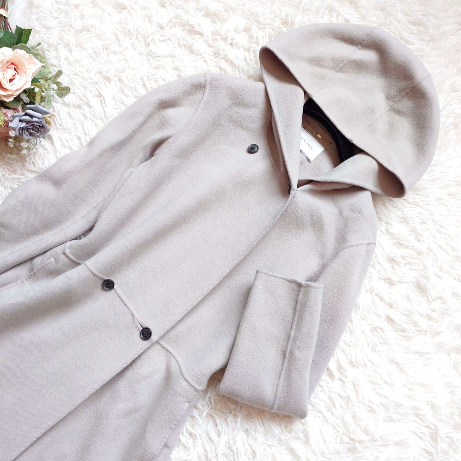BEIGE, ベイジ カシミヤ混 フーデットロング リバーコート ダブル 