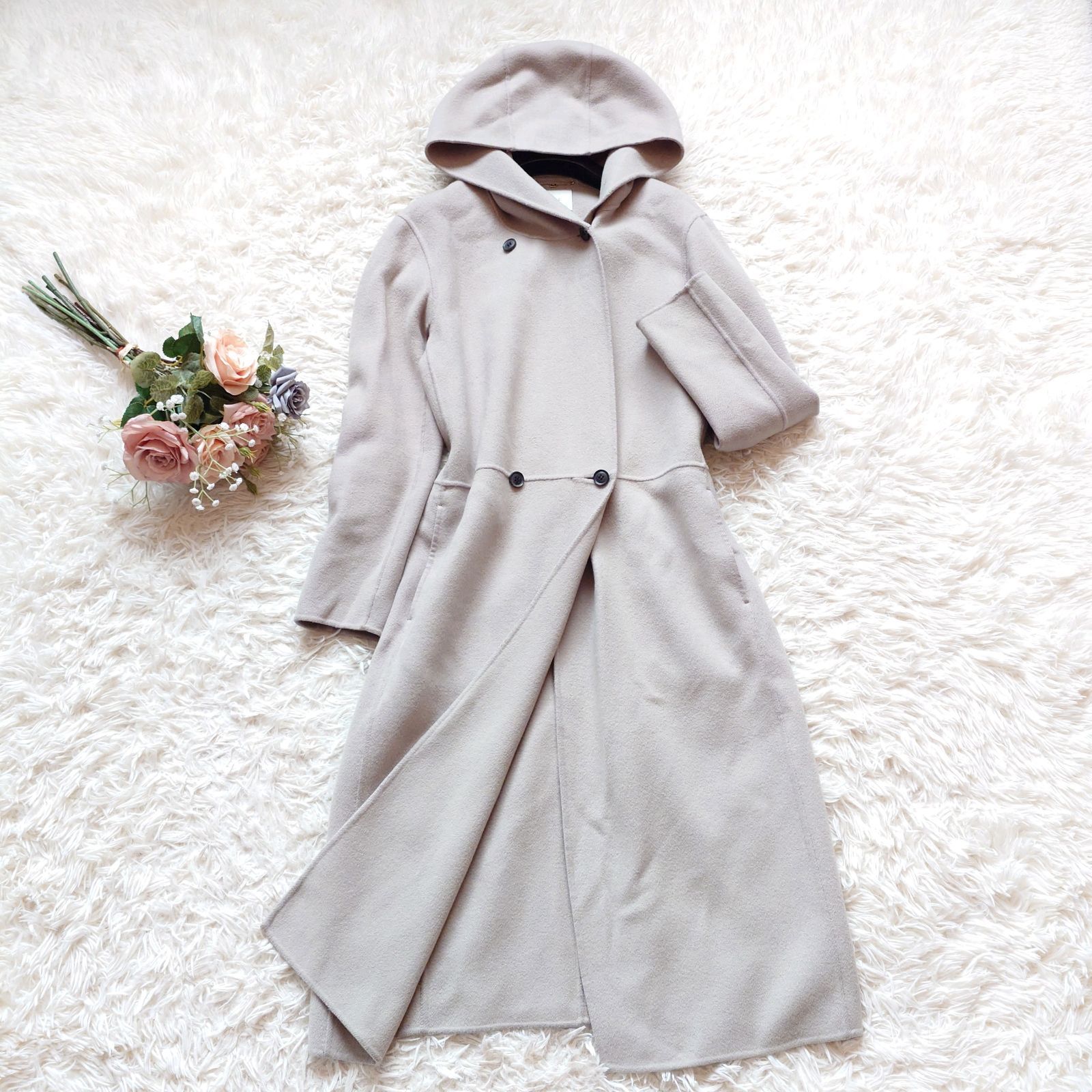 BEIGE, ベイジ カシミヤ混 フーデットロング リバーコート ダブル 