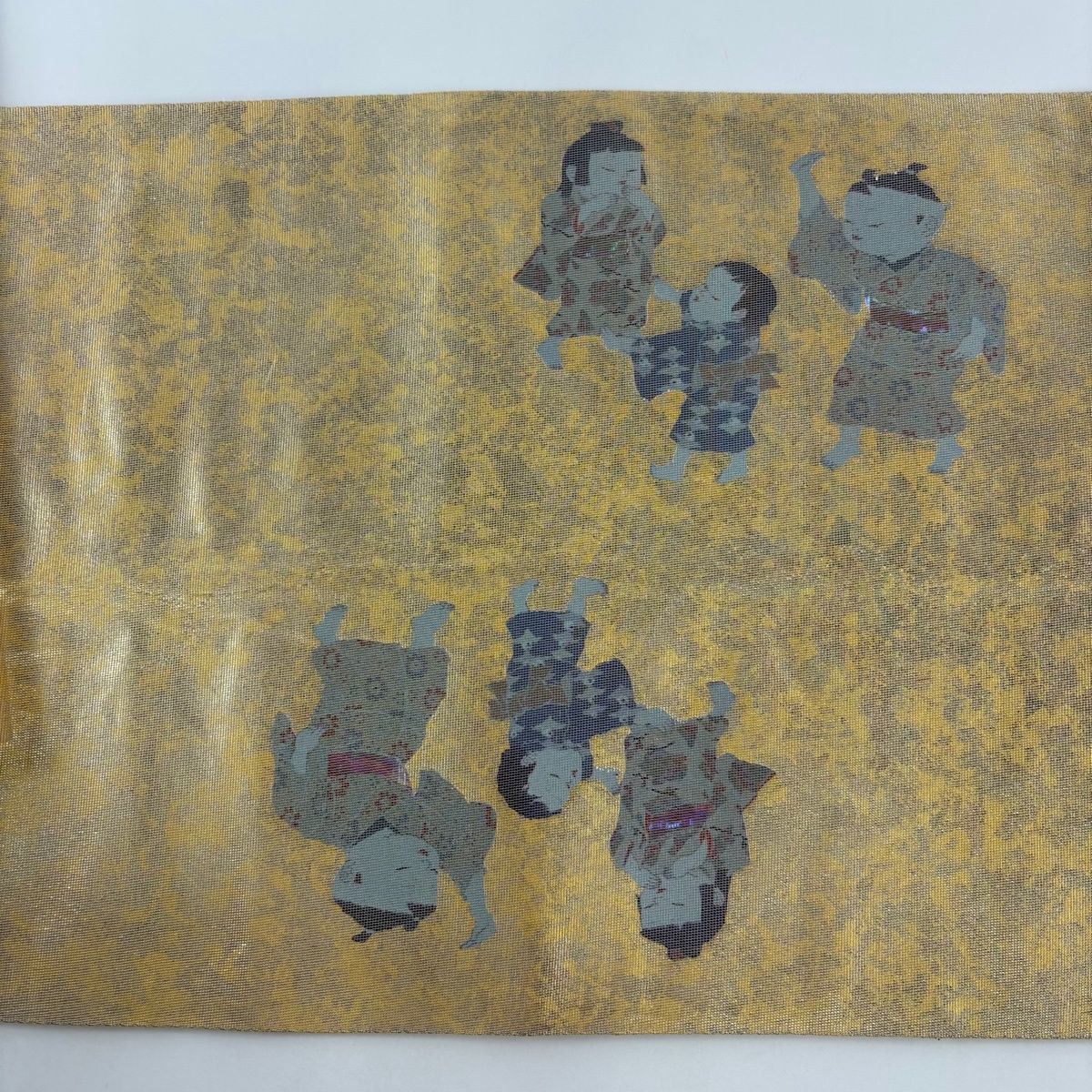 在庫一掃】 袋帯 秀品 童 花 螺鈿 箔 金色 お太鼓柄 正絹 【中古