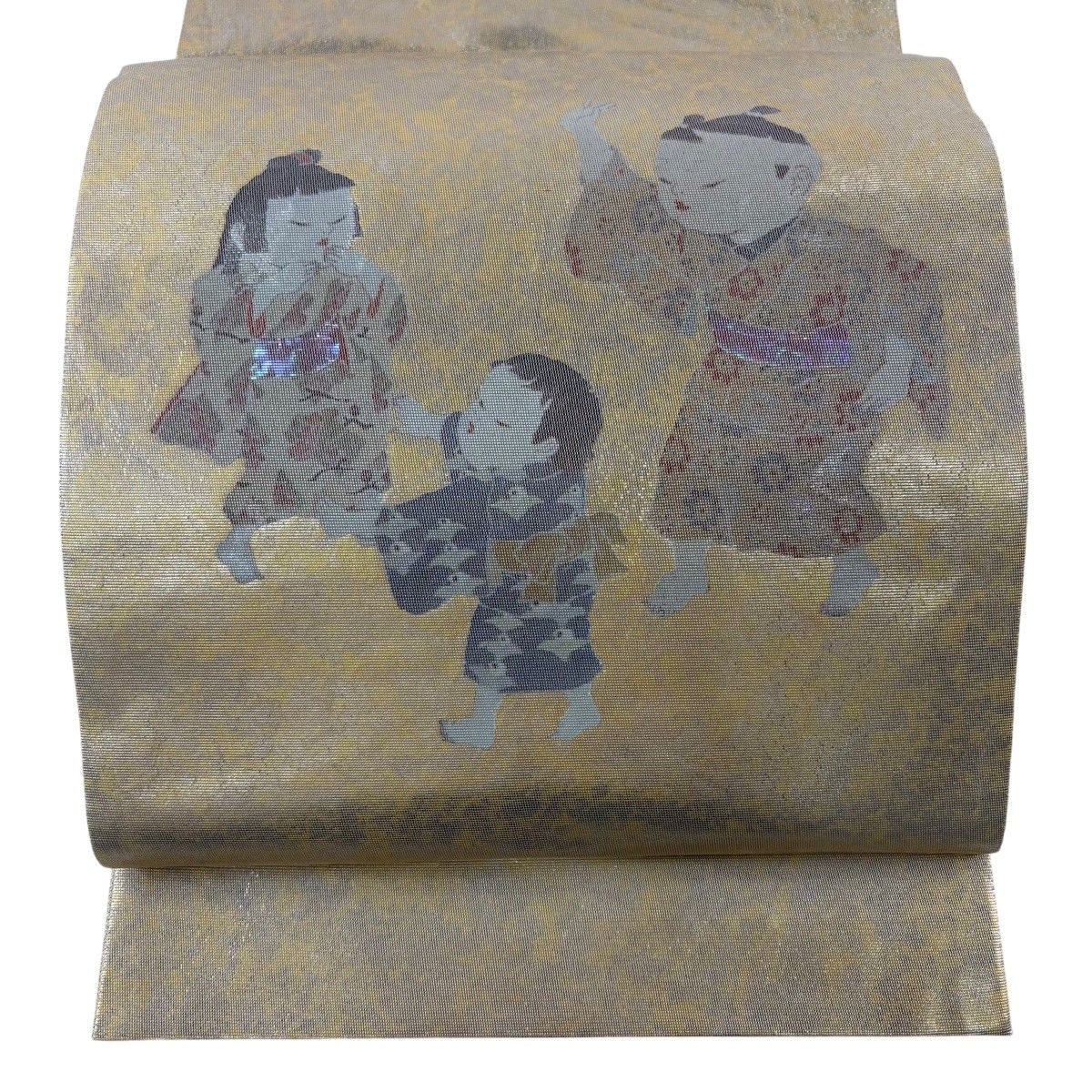 在庫一掃】 袋帯 秀品 童 花 螺鈿 箔 金色 お太鼓柄 正絹 【中古