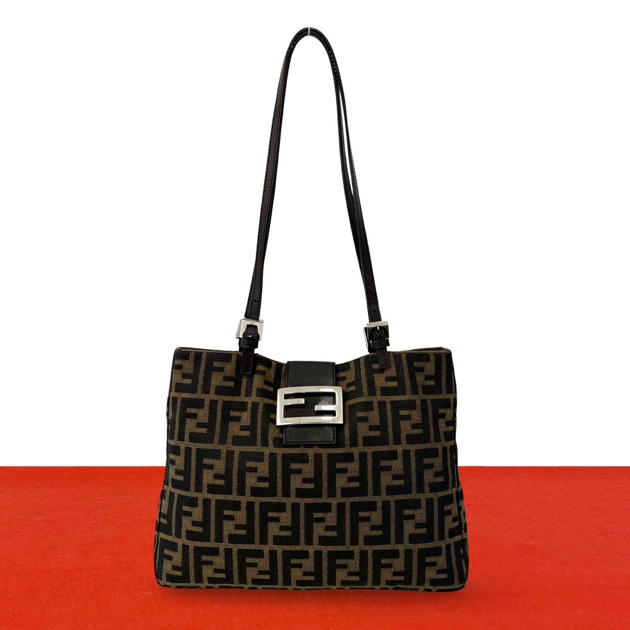 極 美品 FENDI フェンディ ズッカ FF 柄 キャンバス レザー 本革 