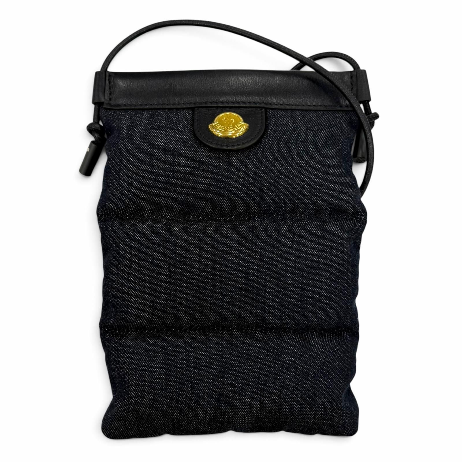 未使用品☆MONCLER モンクレール PUFFY PHONE CASE レザー使い ロゴ金具 フォンケース ショルダーバッグ インディゴ レディース 保存袋付 25,200円