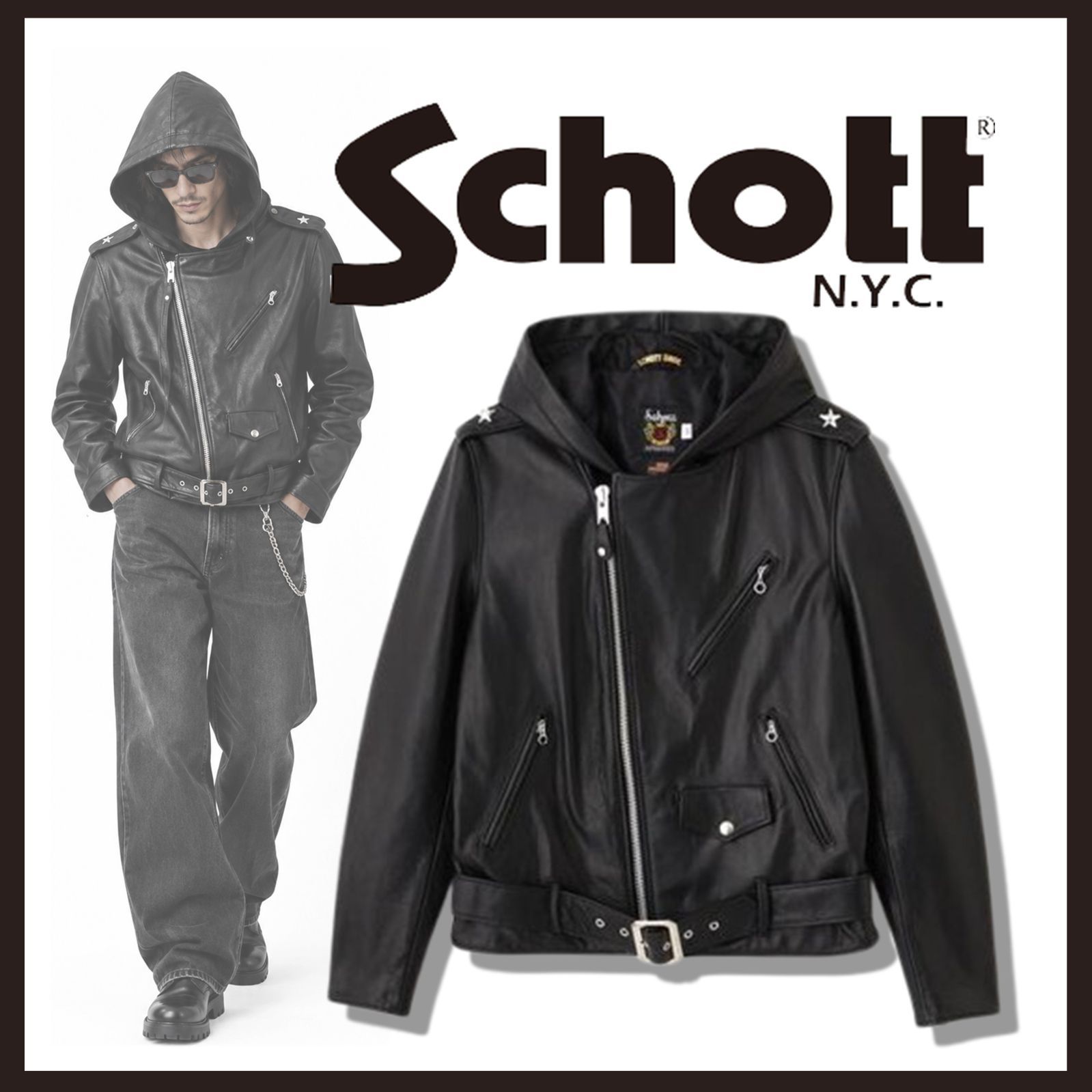新品 未使用 ショット フード ワンスターライダース レザージャケット ブラック L【Schot】ダブルライダース レザーパーカ レザーフーデッドジャケット