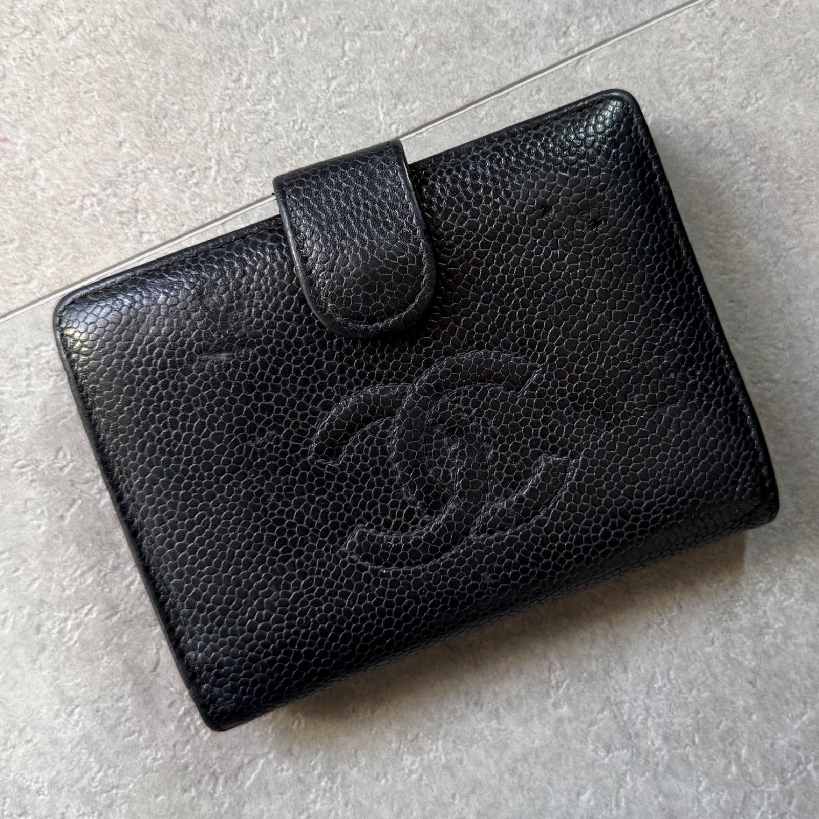 CHANEL シャネル タイムレスCC がま口 キャビアスキン レザー 二つ折り財布 コンパクトウォレット ブラック ココマーク