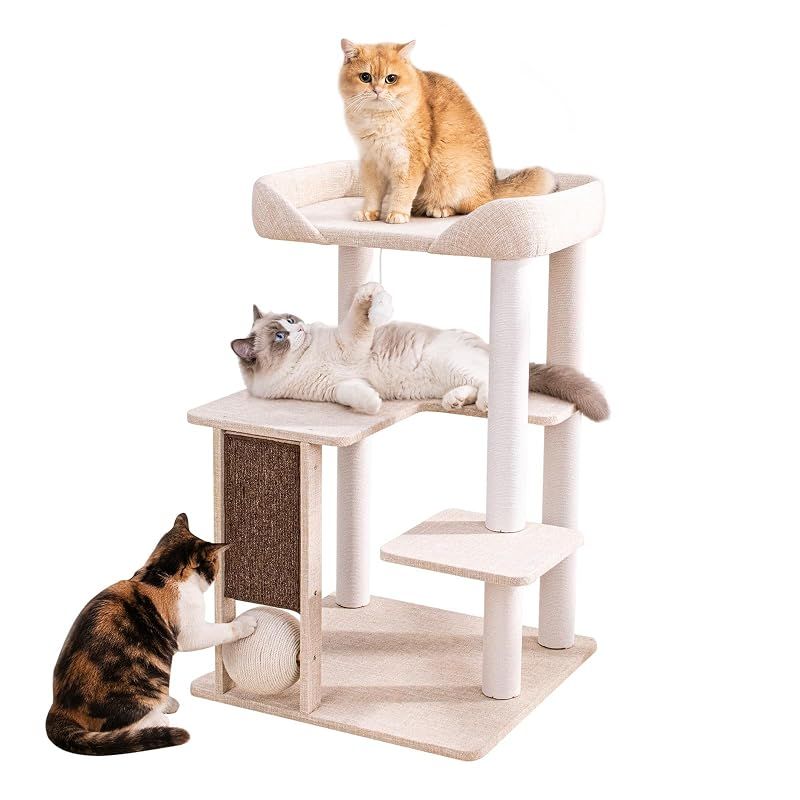 【新品】 LULUCAT キャットタワー クッション入りベッド★巨大土台 据え置き おしゃれ 多頭飼い コンパクト シニア猫 大型猫 安定感 低め 転倒防止デザイン 展望台 猫ベッド 運動不足解消 省スペース スリム 爪とぎポール コットン紐 遊び場 (アイボ 9,174円