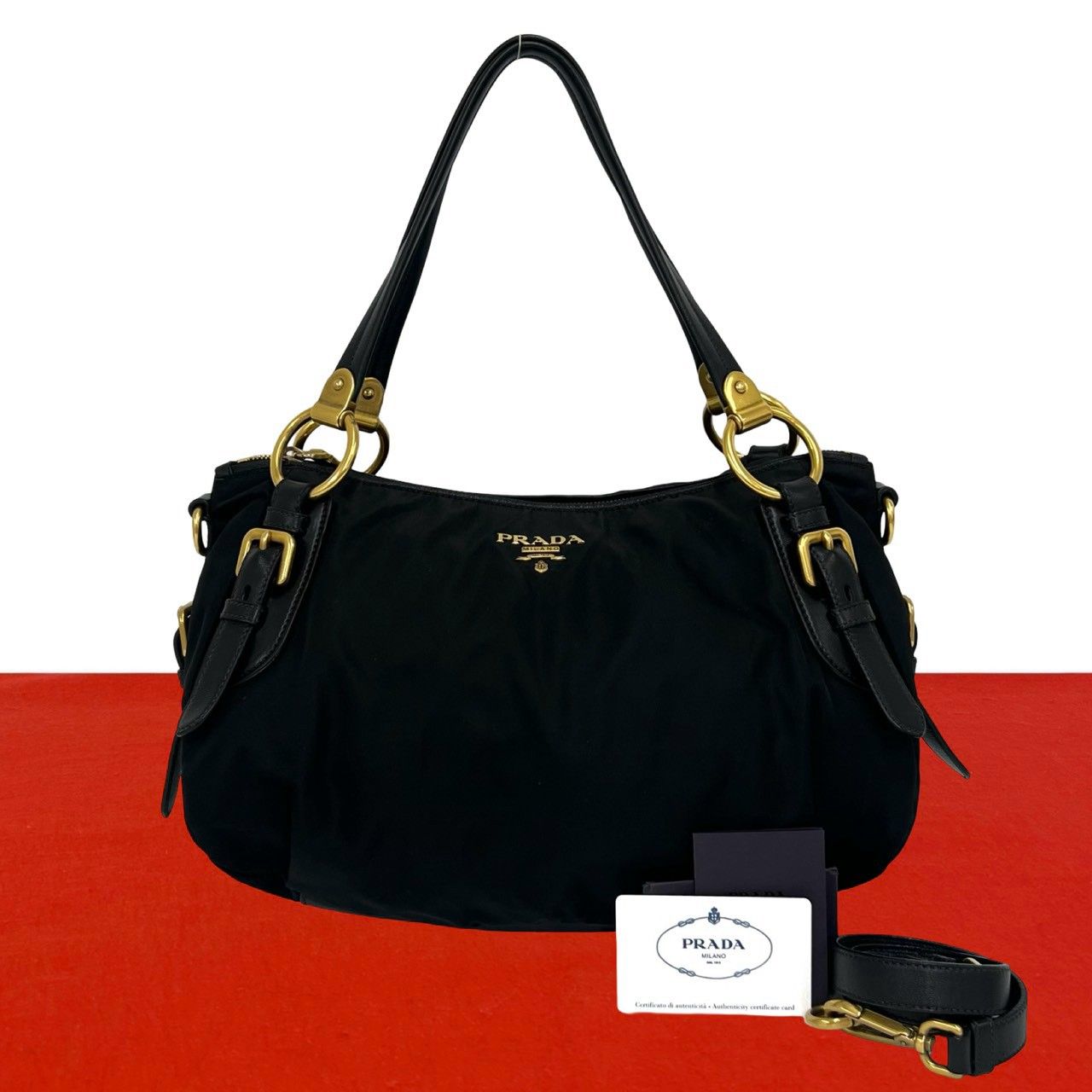 極 美品 カード付き PRADA プラダ ロゴ 金具 ナイロン レザー 本革 