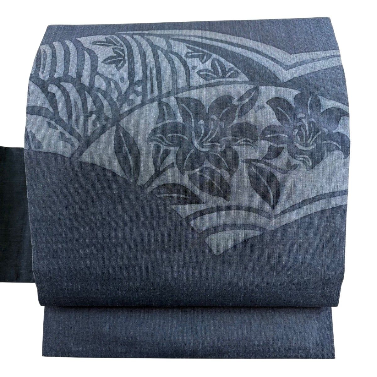 名古屋帯 秀品 夏帯 草花 幾何学 藍色 正絹 【中古】
