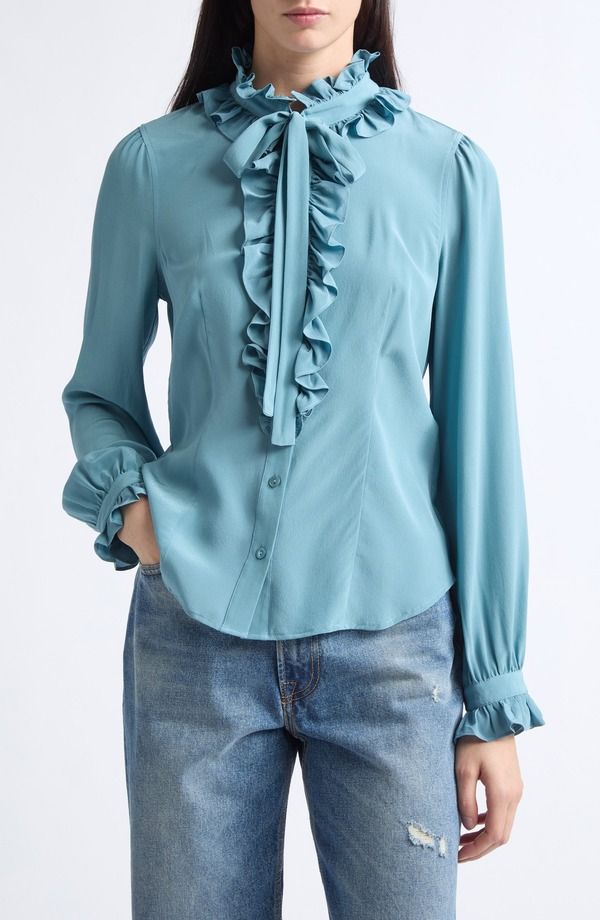 ウラ・ジョンソン レディース トップス シャツ フリル シルク Ulla Johnson Catroux Ruffle Neck Silk Top HERON