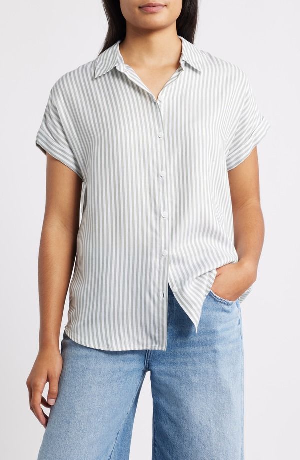 ビーチランチラウンジ レディース トップス シャツ beachlunchlounge Kenzie Stripe Short Sleeve ButtonUp Shirt KALE ストライプ