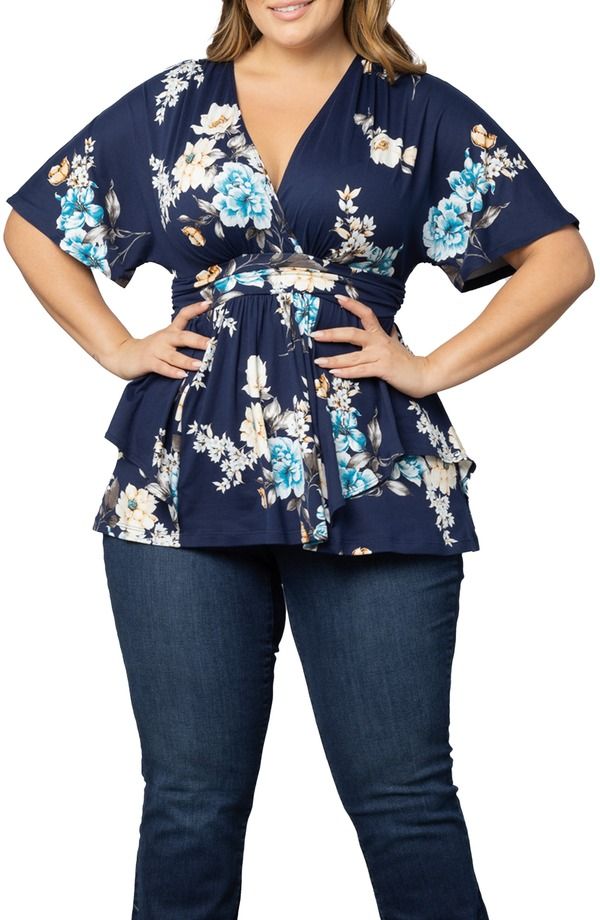 キヨナ レディース トップス シャツ プラスサイズ プリント Kiyonna Encore Print Faux Wrap Top Plus NAVY FLORAL PRINT ネイビー