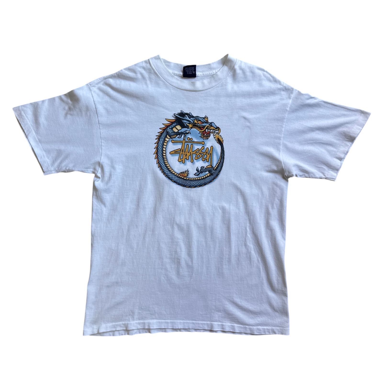 90s STUSSY サークル ドラゴン プリント Tシャツ Lサイズ ホワイト USA製 紺タグ ストックロゴ MADE IN USA OLD オールドステューシー Vintage ヴィンテージ ビンテージ オールド サーフ スケート