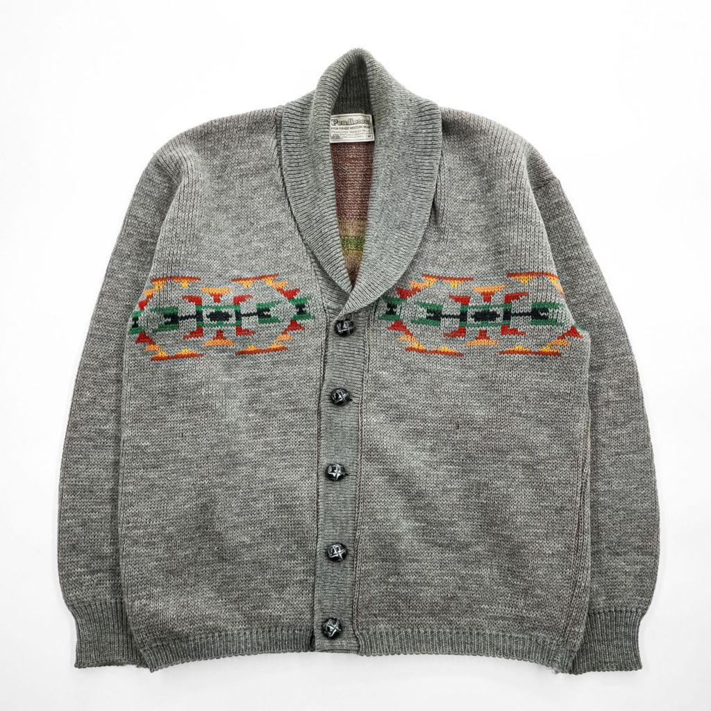 PENDLETON 70年代 ヴィンテージ ショールカラー ニットカーディガン M グレー 白タグ ネイティブ柄