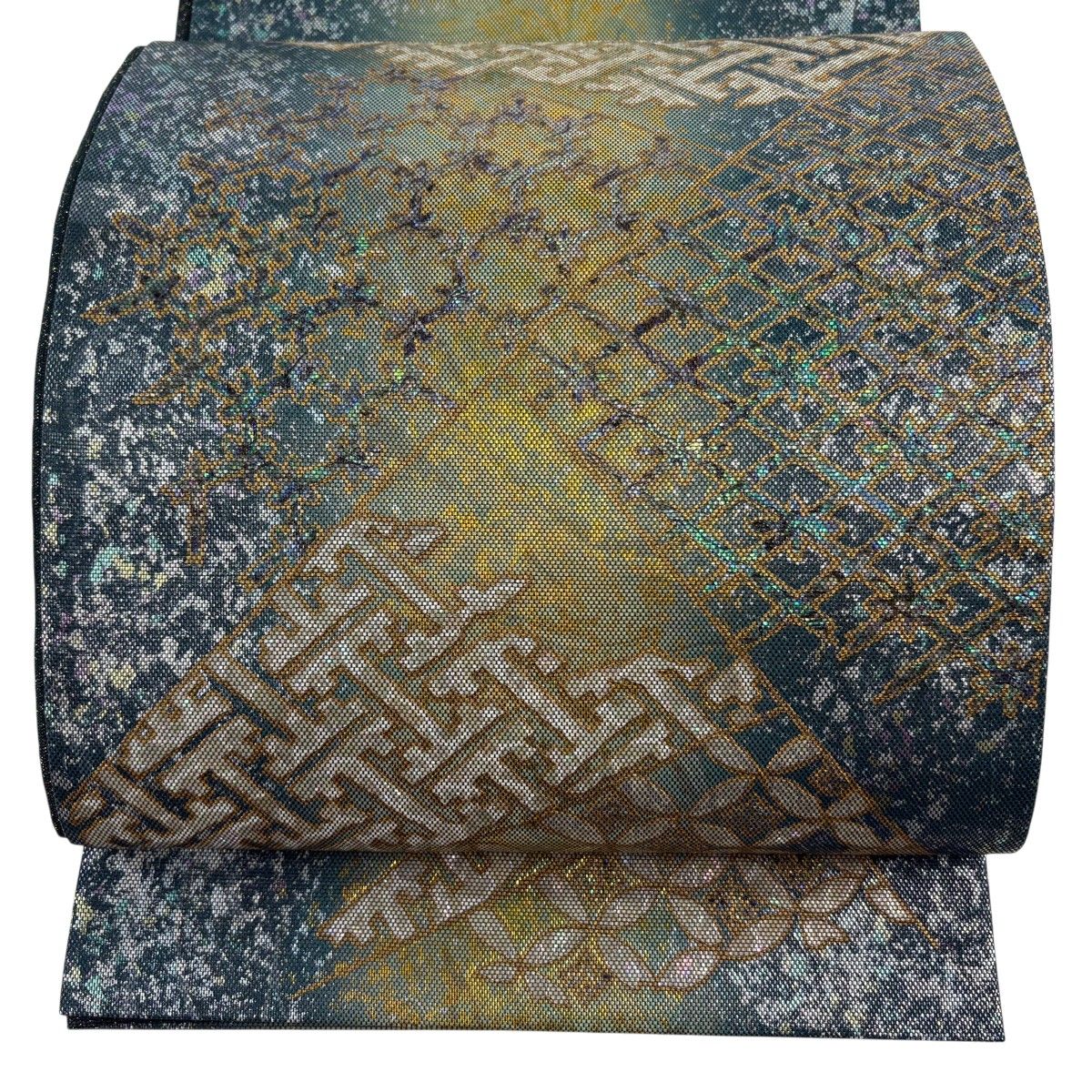 袋帯 逸品 落款 紗綾形 七宝 箔 青灰色 お太鼓柄 正絹 【中古】 26,850円