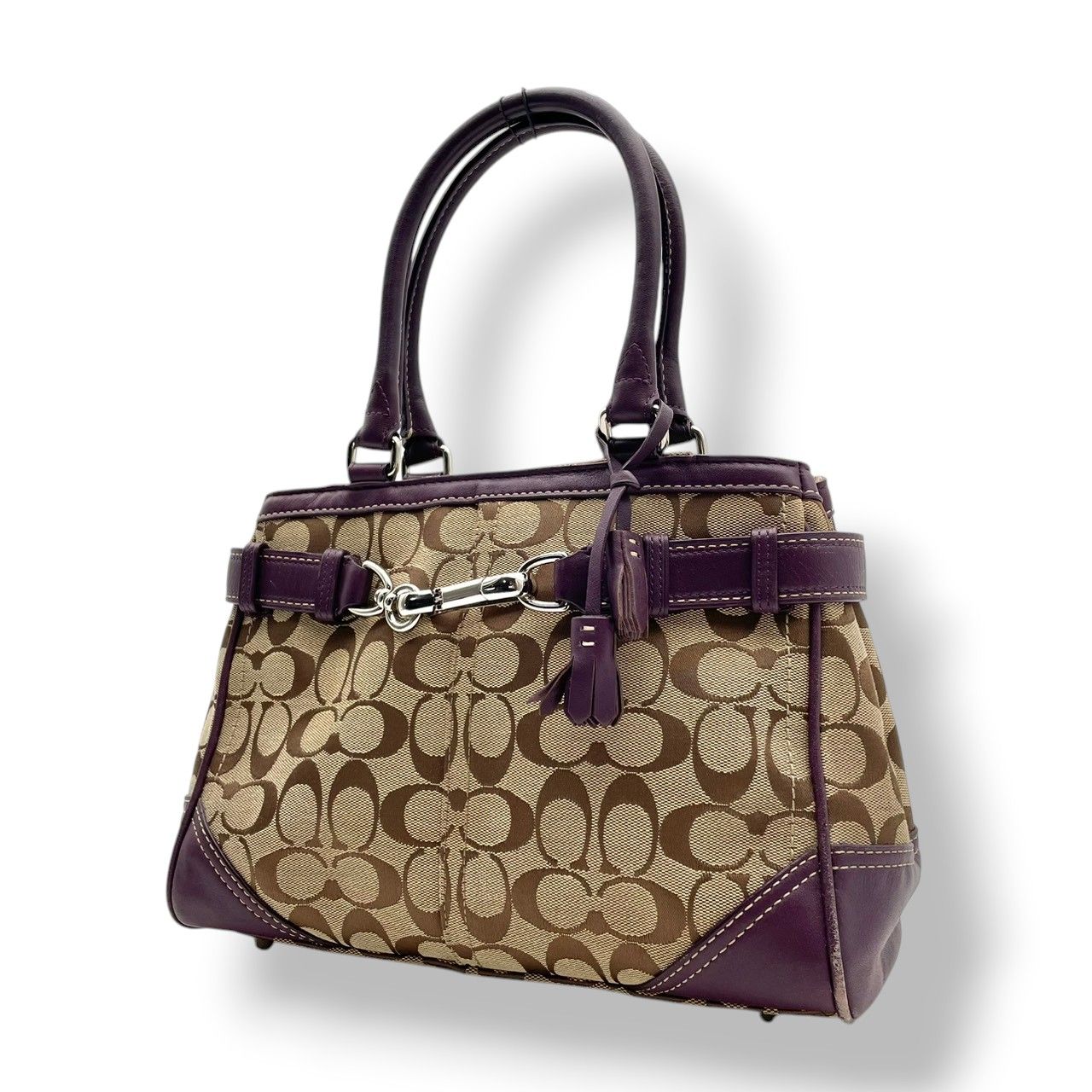 良品 COACH コーチ F08K06 ハンプトンズ シグネチャー キャリーオール ハンドバッグ ベージュ パープル キャンバス レザー 総柄 シルバー金具 ベルトデザイン ターンロック ダブルハンドル ロゴ レディース S60